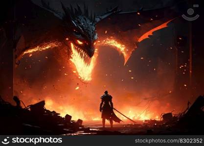 Fire breathes explode from a giant dragon in a black night, the epic battle evil concept art, fantastic legend, generative ai