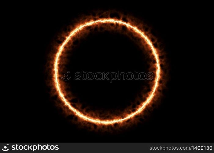 Fire burning forming circle sign symbol isolated on black background. 3d rendering illustration. Hot framing ignition and smoke with sign symbol.