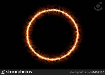 Fire burning forming circle sign symbol isolated on black background. 3d rendering illustration. Hot framing ignition and smoke with sign symbol.