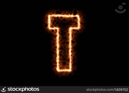 Fire burning forming letter T, capital English alphabet text character isolated on black background. 3d rendering illustration. Hot framing ignition and smoke with sign symbol.