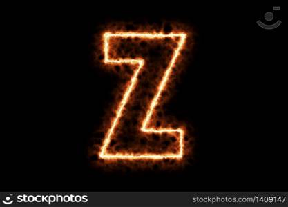 Fire burning forming letter Z, capital English alphabet text character isolated on black background. 3d rendering illustration. Hot framing ignition and smoke with sign symbol.