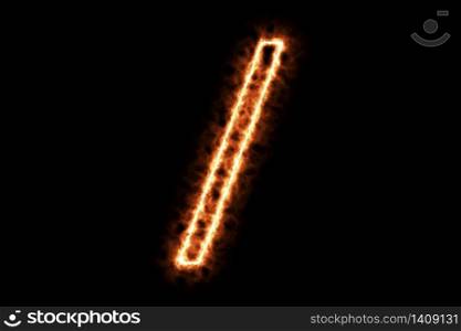 Fire burning forming the slash sign symbol isolated on black background. 3d rendering illustration. Hot framing ignition and smoke with sign symbol.