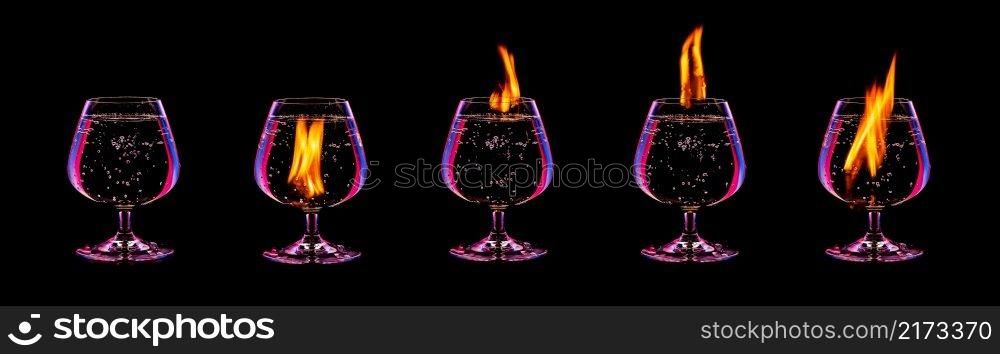 Fire cocktail collection isolated on a black background. Fire cocktail collection