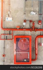 Fire extinguisher and water pump system on the wall, powerful emergency equipment for apartment and hotel