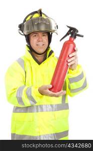 Fire fighter demonstrating how to use a fire extinguisher. Isolated on white.