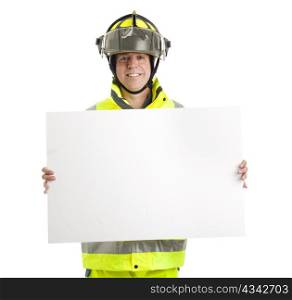 Fire fighter holding blank white sign. Isolated on white with room for text.