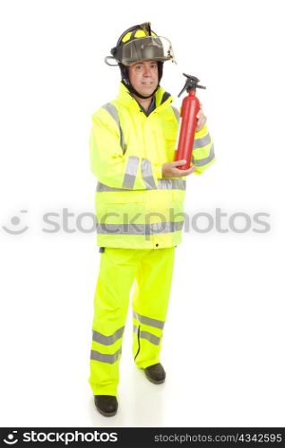 Fire fighter with fire extinguisher. Full body isolated on white.