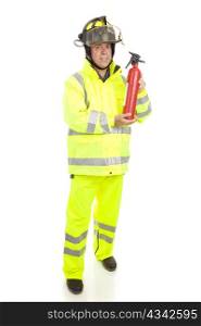 Fire fighter with fire extinguisher. Full body isolated on white.
