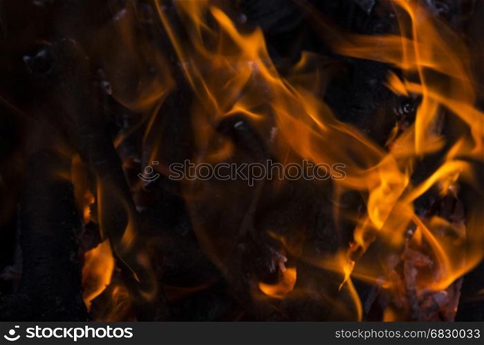 Fire flames on a black background. Blaze fire flame texture background. Close up of fire flames isolated on black background. Burn. Abstract fire flames background. Texture.