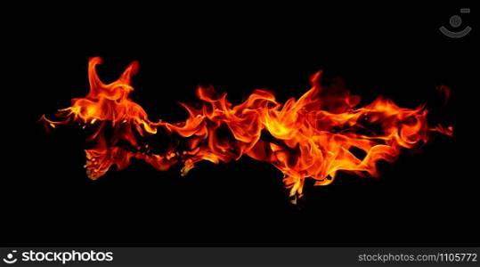 Fire flames on abstract art black background, Burning red hot sparks rise, Fiery orange glowing flying particles