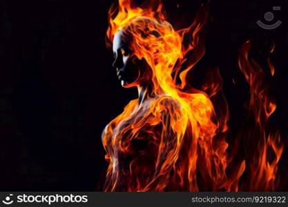  Fire girl.  Young woman in flames.  Ge≠rative AI 