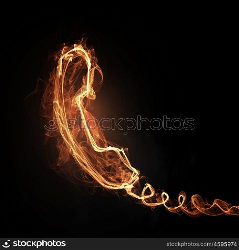 Fire glowing phone icon on dark background. Hot line light icon