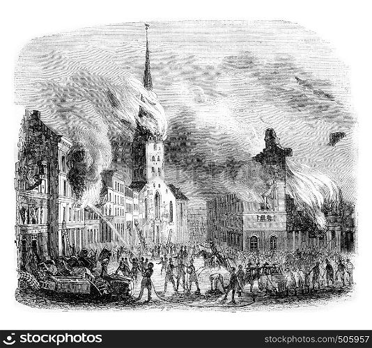 Fire of the church Saint-Pierre, in Hamburg, vintage engraved illustration. Magasin Pittoresque 1842.