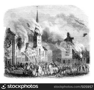 Fire of the church Saint-Pierre, in Hamburg, vintage engraved illustration. Magasin Pittoresque 1842.