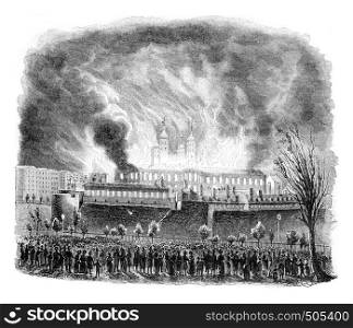 Fire of the Tower of London, vintage engraved illustration. Magasin Pittoresque 1842.