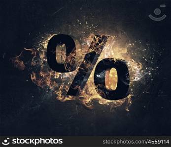 Fire percentage symbol. Percent sign in fire flames on dark background