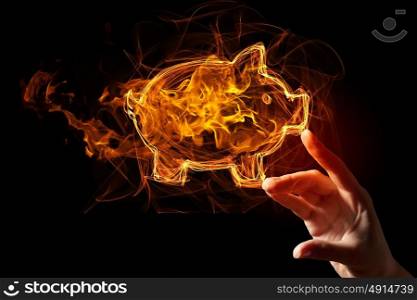 Fire piggy bank icon. Finger touch glowing fire piggy bank icon on dark background