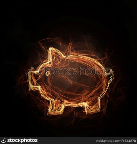Fire piggy bank icon. Glowing fire piggy bank icon on dark background