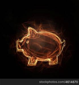 Fire piggy bank icon. Glowing fire piggy bank icon on dark background