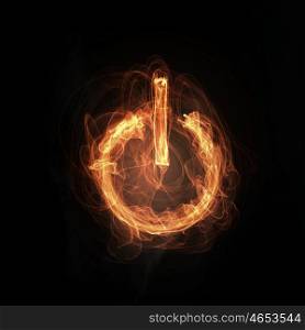 Fire power button. Glowing fire power icon of interface on dark background