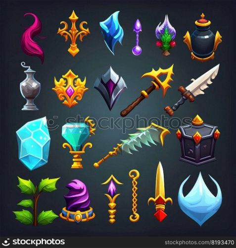 fire rpg 2d game icons ai generated. coin money, crystal medieval, background magic fire rpg 2d game icons illustration. fire rpg 2d game icons ai generated