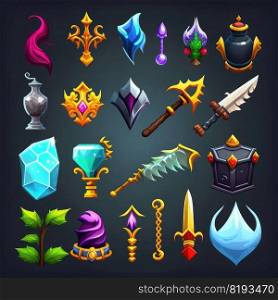 fire rpg 2d game icons ai generated. coin money, crystal medieval, background magic fire rpg 2d game icons illustration. fire rpg 2d game icons ai generated