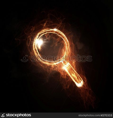 Fire search icon. Glowing light search icon on dark background