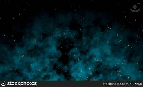 Fire sparks flying with a blue smoke background animation 3D rendering