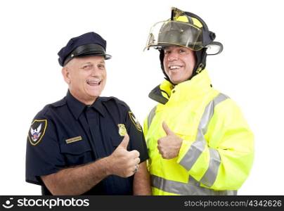 Firefighter and police officer giving thumbs up sign. Isolated on white.