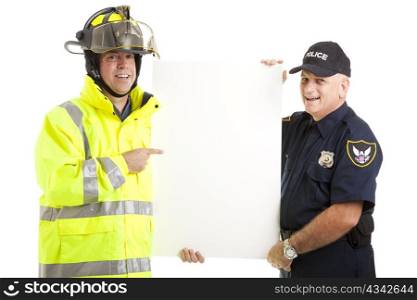 Firefighter and Policeman holding a blank white sign. Isolated on white.