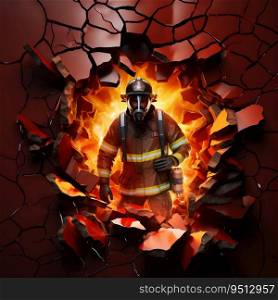 Firefighter Cracked Hole in Bricks Background. Generative ai. High quality illustration. Firefighter Cracked Hole in Bricks Background. Generative ai