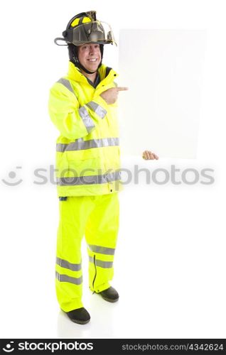 Firefighter holding blank white sign. Ready for your text. Full body isolated on white.