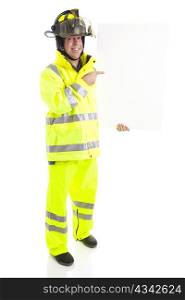 Firefighter holding blank white sign. Ready for your text. Full body isolated on white.