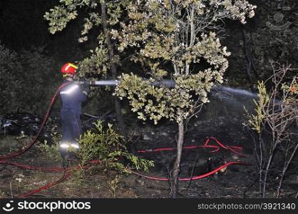Firefighter in the French Gard department extinguished the last flames of a forest fire