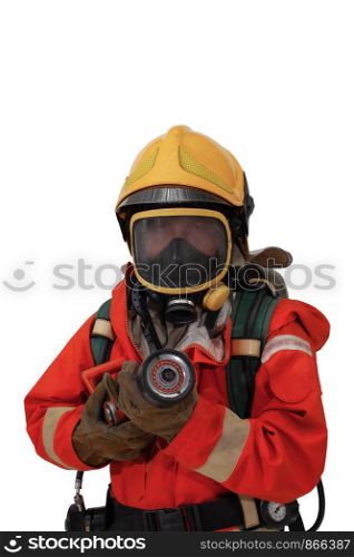 Firefighter with mask standing alone wearing safety suite as formal on white background, fire safety concept, close up