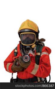 Firefighter with mask standing alone wearing safety suite as formal on white background, fire safety concept, close up