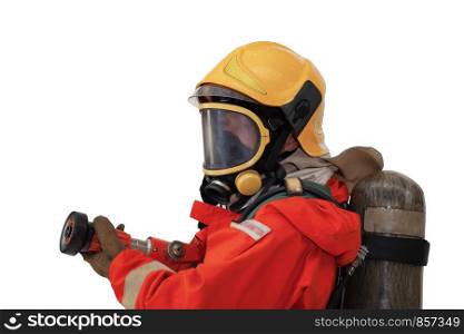 Firefighter with mask wearing safety suite and holding extinguisher hose for fire fighting or spraying high pressure water on white background, fire safety concept, back view