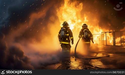Firefighters Battling Oil Flames with Water Fog Extinguisher. Generative ai. High quality illustration. Firefighters Battling Oil Flames with Water Fog Extinguisher. Generative ai