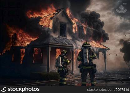 Firefighters crew fighting fire accident at nighttime. Neural network AI generated art. Firefighters crew fighting fire accident at nighttime. Neural network generated art