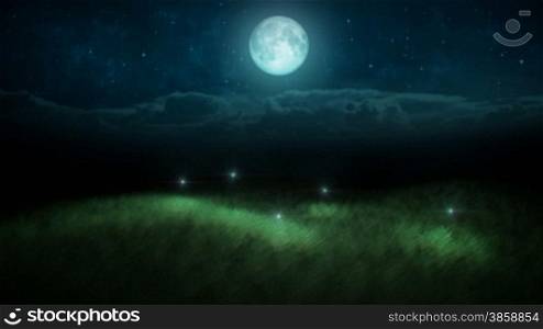 Fireflies at night and moon loop