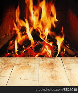 fireplace and wooden table