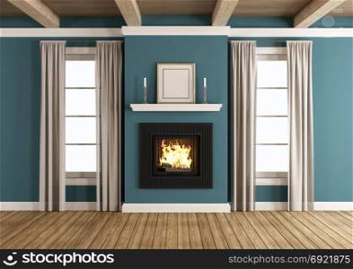 Fireplace in a classic room. Fireplace in a blue classic room with windows and wooden ceiling - 3d rendering