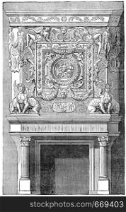 Fireplace in the king's apartments in the castle of Fontainebleau, vintage engraved illustration. Industrial encyclopedia E.-O. Lami - 1875.