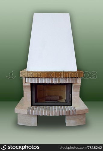 Fireplace made ??of brick and stone, with white chimney on a green background