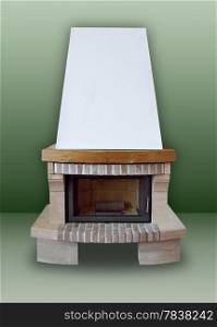 Fireplace made ??of brick and stone, with white chimney on a green background