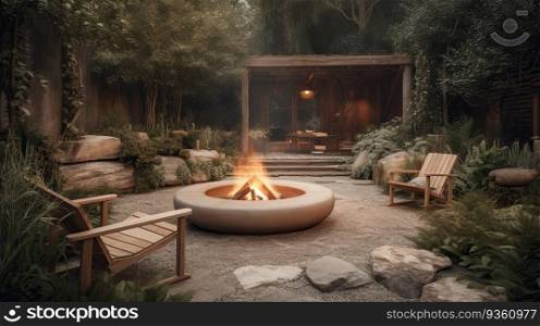 fireplace on open air in garden created by generative AI