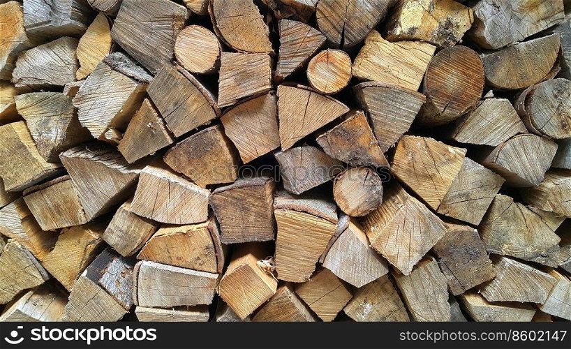Firewood pile stacked chopped wood trunks, closeup background