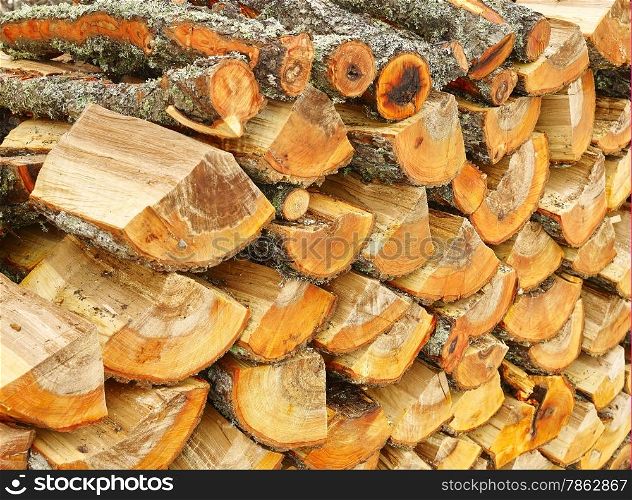 Firewood stack, logs are drying up outdoors