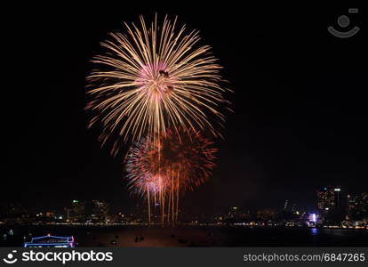 Firework and aerial view of Pattaya city, Thailand