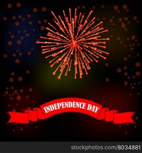 Firework and Red Ribbon on Night Sky Background.. Independense Day of America. Red Ribbon on Night Sky Background.